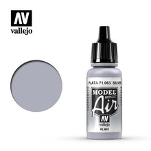 Vallejo Model Air Silver RLM01 bottle and swatch showing metallic silver paint for airbrushing models.