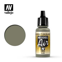 Vallejo Model Air Grey RLM02 bottle with paint swatch highlighting model air gray shade for airbrush use.