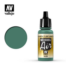 Vallejo Model Air Light Green RLM25 acrylic paint bottle with a swatch of muted green color for modeling and airbrushing.