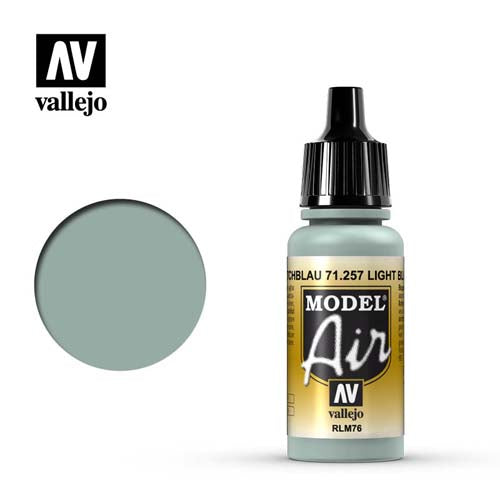 Vallejo Model Air Light Blue RLM76 acrylic paint bottle with swatch for scale modeling and hobby airbrush use