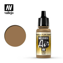 Vallejo Model Air Sand Yellow RLM79 bottle and color swatch showcasing detailed acrylic paint for modeling.