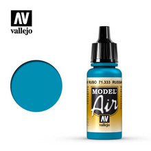 Vallejo Model Air Russian AF Blue acrylic paint bottle with color swatch for scale modeling and hobby use.