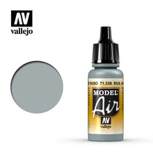 Vallejo Model Air Russian AF Grey Blue bottle with paint sample showing muted blue-grey shade for model painting.