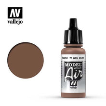 Vallejo Model Air Rust paint bottle and color swatch showing rich metallic rust tone for modeling use.