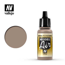 Vallejo Model Air Sand acrylic paint bottle and color swatch for scale modeling and airbrushing projects.