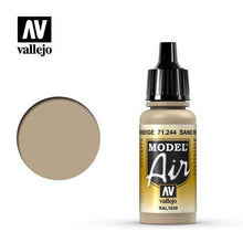 Vallejo Model Air Sand Beige RAL1039 acrylic paint bottle with corresponding beige color swatch for modeling.