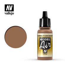 Vallejo Model Air Sand Brown acrylic paint bottle with color swatch for scale modeling and airbrushing projects.