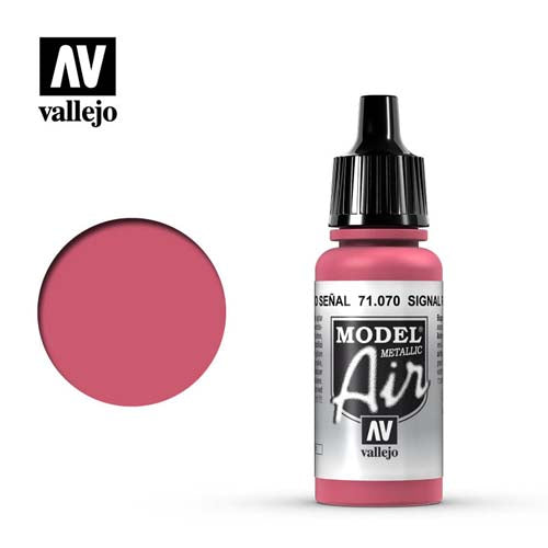 Vallejo Model Air Signal Red bottle with sample color swatch for airbrush and model painting applications.