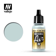 Vallejo Model Air Sky Blue FS35550 acrylic paint bottle with a sample swatch of sky blue color for model painting.