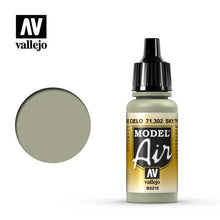 Vallejo Model Air Sky Type S BS210 bottle with a sample swatch of muted sky gray paint for airbrushing models.