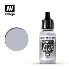 Vallejo Model Air Steel metallic gray acrylic paint bottle for airbrush and miniature models detailing.