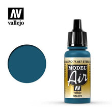 Vallejo Model Air Steel Blue RAL5013 acrylic paint bottle with color swatch for model detailing and airbrushing.