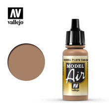 Vallejo Model Air Tan Earth acrylic paint bottle with tan earth color swatch for model painting and airbrushing.