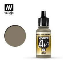 Vallejo Model Air Hemp FS34201 acrylic paint bottle with hemp beige color swatch for detailed miniature painting.