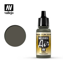 Vallejo Model Air US Forest Green FS34079 ANA631 paint bottle with color swatch for model airbrush use.