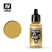 Vallejo Model Air US Interior Yellow acrylic paint bottle with color swatch for scale modeling and airbrushing.