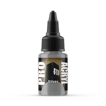 Pro Acryl Silver 22ml bottle with high-density pigment acrylic paint in a no-clog cap for smooth application and matte finish.