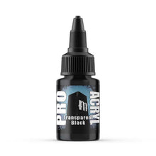 Pro Acryl Transparent Black 22ml bottle with high-density pigment acrylic paint for smooth matte finish and precise coverage.