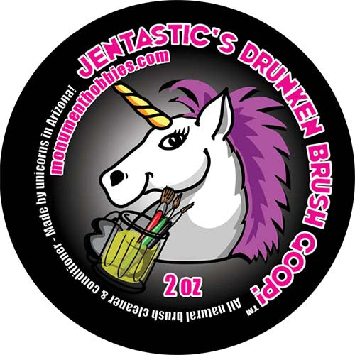 Monument Jentastic's Drunken Brush Goop 2oz label featuring a unicorn with paintbrushes in a cup.