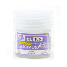 Mr. Color Lascivus 106 Gloss Icy White 10ml bottle with clear gloss paint for model finishing.