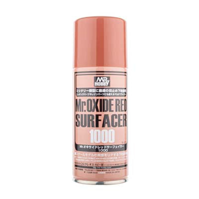 Mr Oxide Red Surfacer Spray 1000 primer spray for smoothing surfaces, filling scratches, quick drying, and good adhesion.