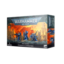 Warhammer 40K Space Marines Primaris Eliminators in blue armor with sniper rifles and las fusils on round bases.