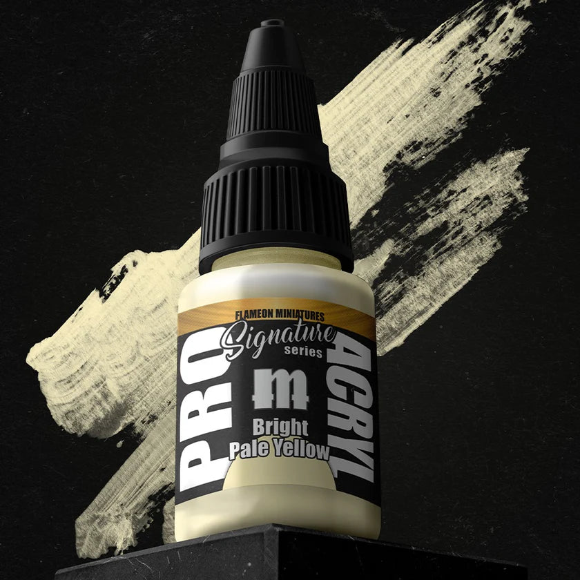 Pro Acryl Flameon Bright Pale Yellow bottle with brush strokes showcasing vibrant bright pale yellow acrylic paint color.