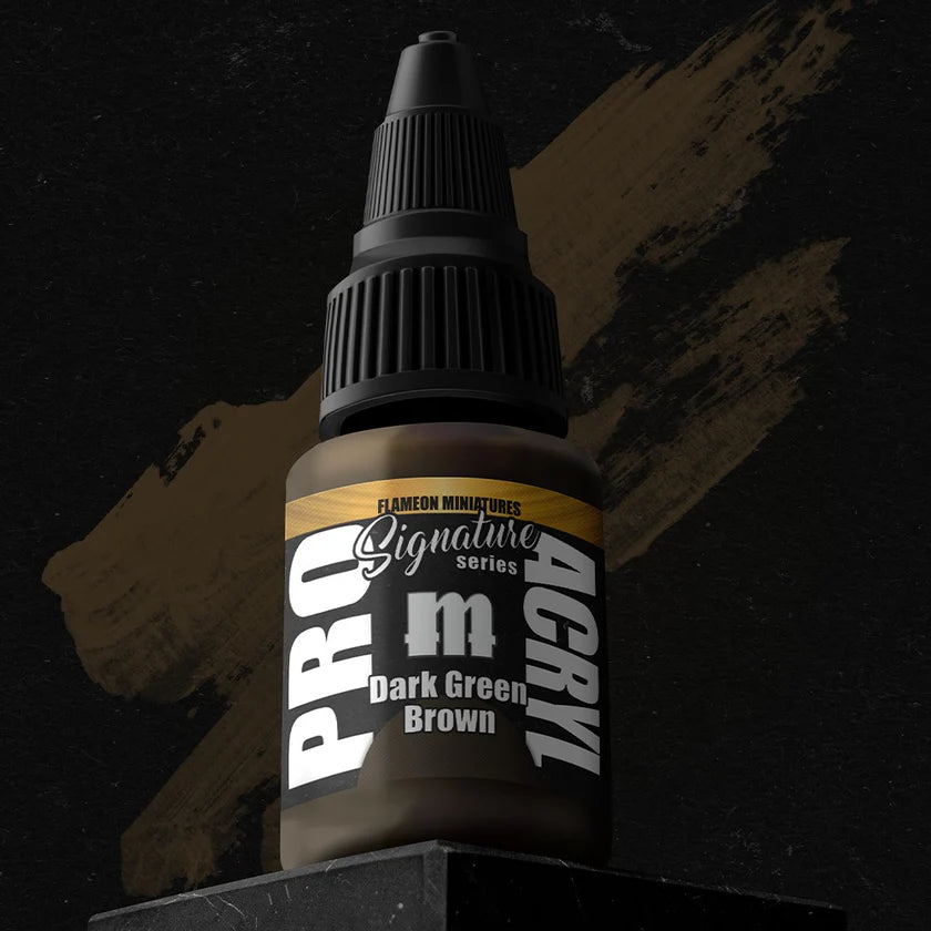 Pro Acryl Flameon Dark Green Brown acrylic paint bottle with dark green brown paint swatch on black background.