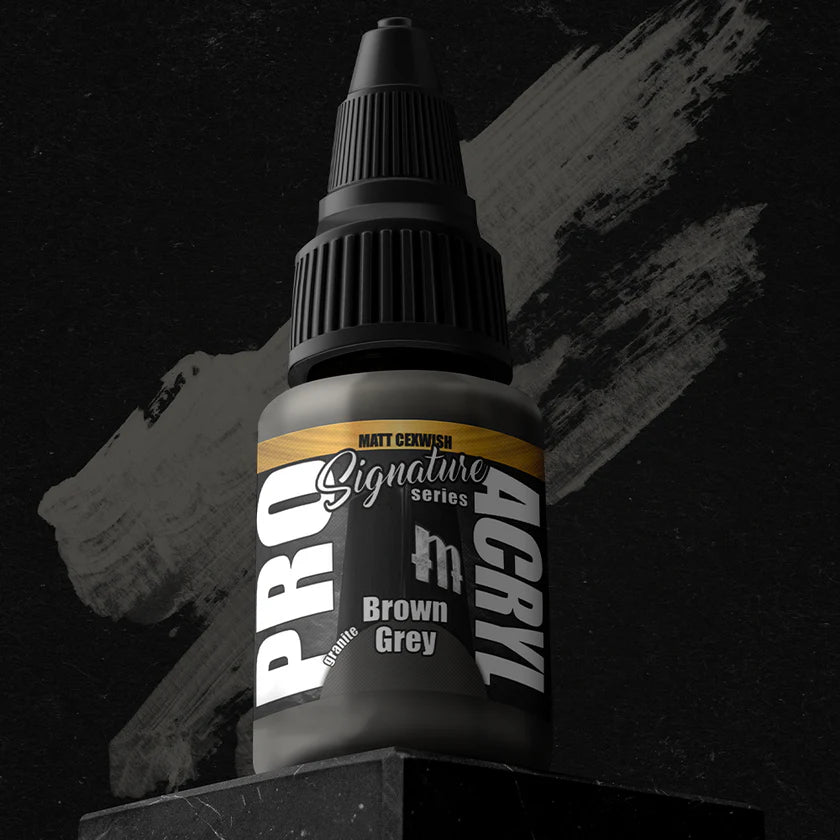 Pro Acryl Matt Cexwish Brown Grey bottle with matte brown grey acrylic paint on black background.