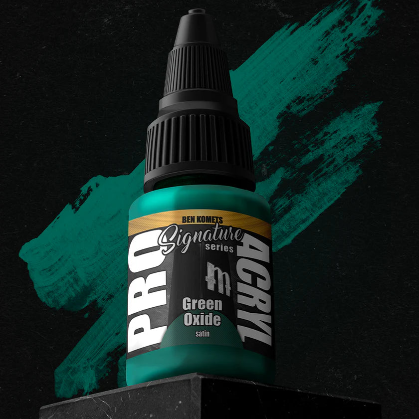 Pro Acryl Ben Komets Green Oxide satin acrylic paint bottle with vibrant green oxide color on black background.