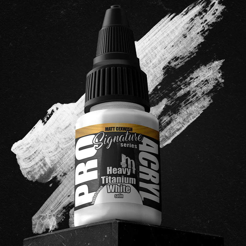 Pro Acryl Matt Cexwish Heavy Titanium White bottle with thick white paint stroke on black background.