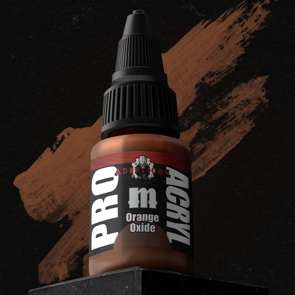 Pro Acryl Adepticon Orange Oxide bottle showing vivid orange oxide acrylic paint for detailed modeling projects.
