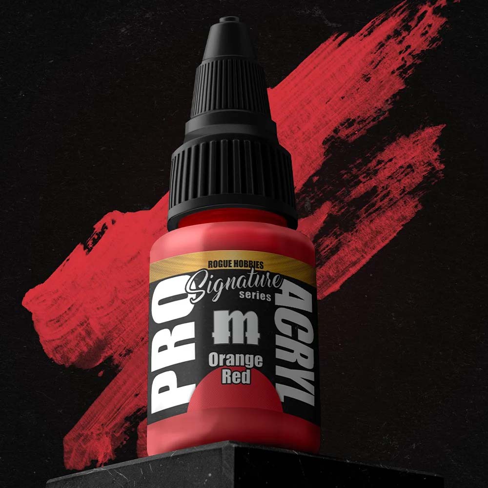 Pro Acryl Rogue Hobbies Orange Red vibrant acrylic paint bottle with bold orange red brushstroke background