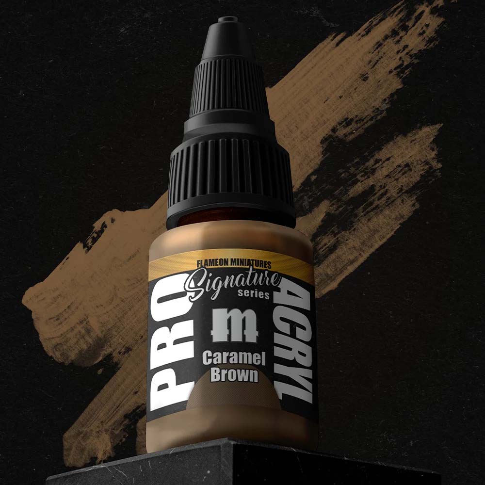 Pro Acryl Flameon Caramel Brown miniature paint bottle with rich caramel brown shade and black cap.