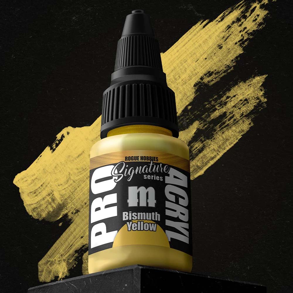 Pro Acryl Rogue Hobbies Bismuth Yellow bottle with vibrant yellow paint stroke for detailed hobby painting.