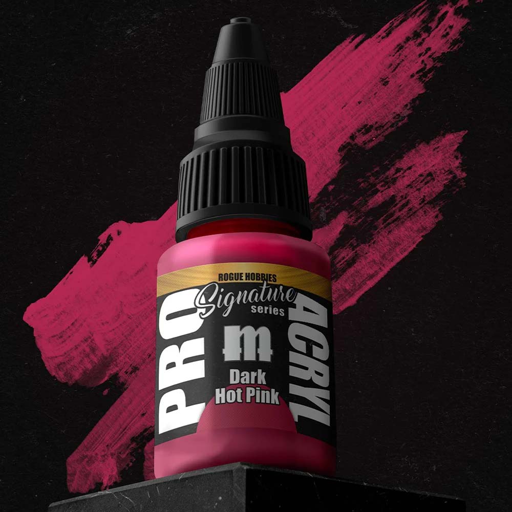 Pro Acryl Rogue Hobbies Dark Hot Pink paint bottle with vibrant dark hot pink brush stroke background.