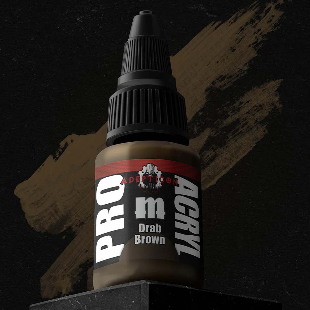 Pro Acryl Adepticon Drab Brown acrylic paint bottle with rich drab brown color for miniature and model painting.