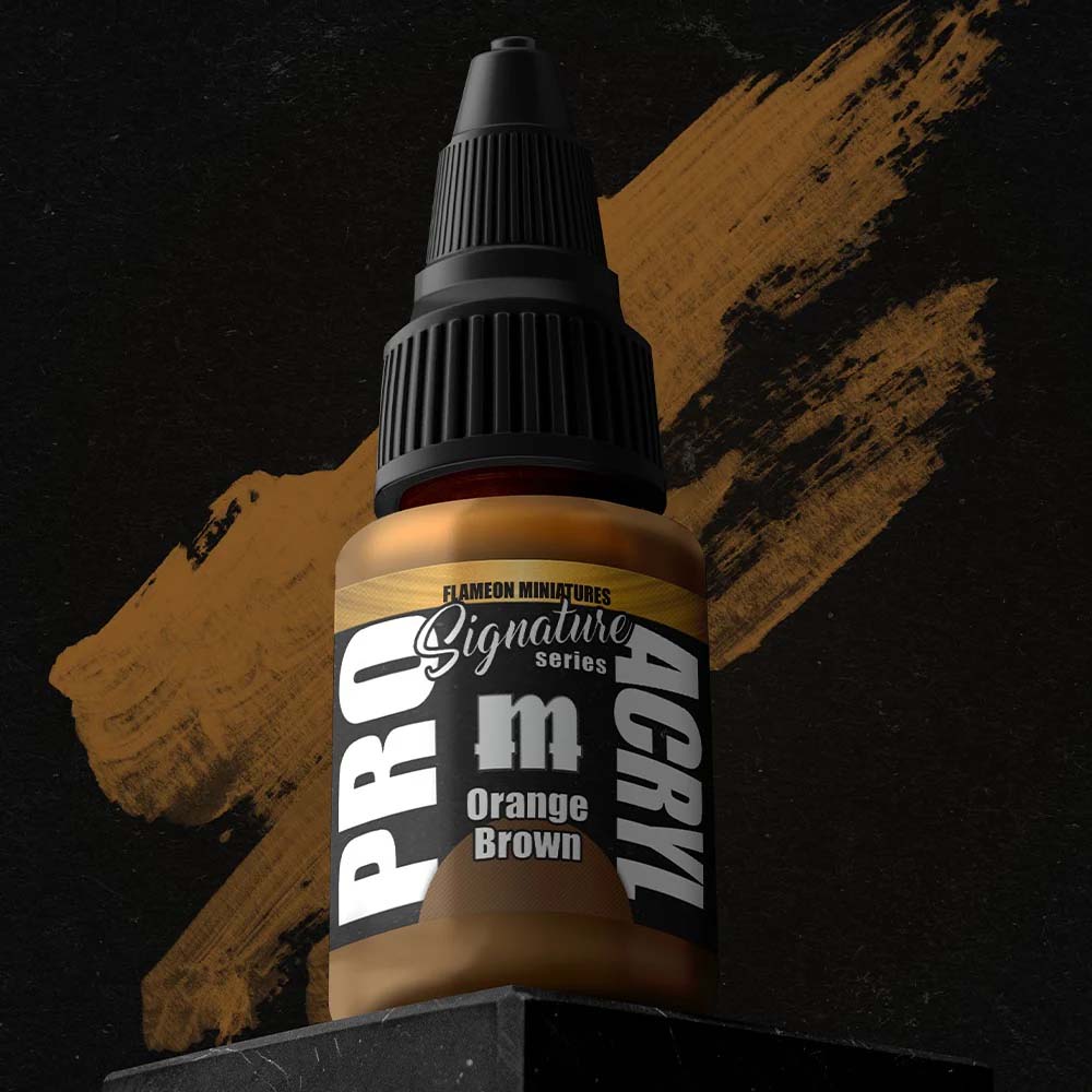 Pro Acryl Flameon Orange Brown acrylic paint bottle with brushstroke of vibrant orange brown color behind it.