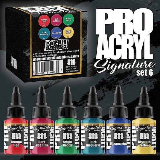 Pro Acryl Signature Series Set 6 - Rogue Hobbies featuring six vibrant acrylic paint bottles including Orange Red and Ultramarine.