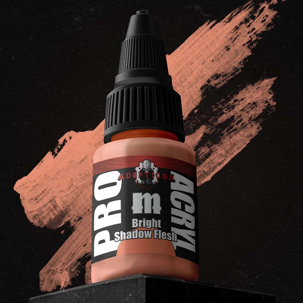 Pro Acryl Adepticon Bright Shadow Flesh paint bottle with a swatch of warm flesh tone for miniature painting.