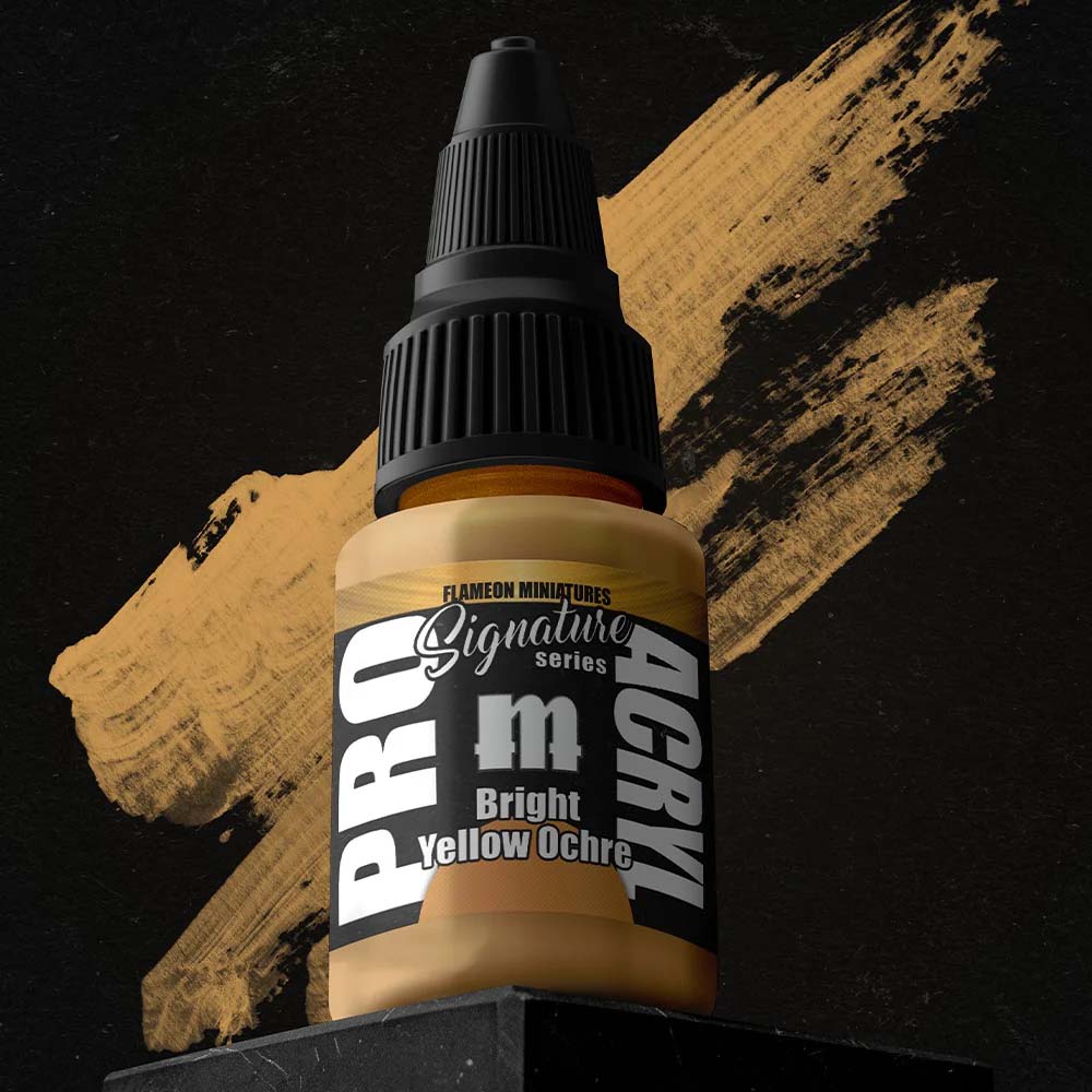 Pro Acryl Flameon Bright Yellow Ochre bottle with bright yellow ochre acrylic paint swatch on black background