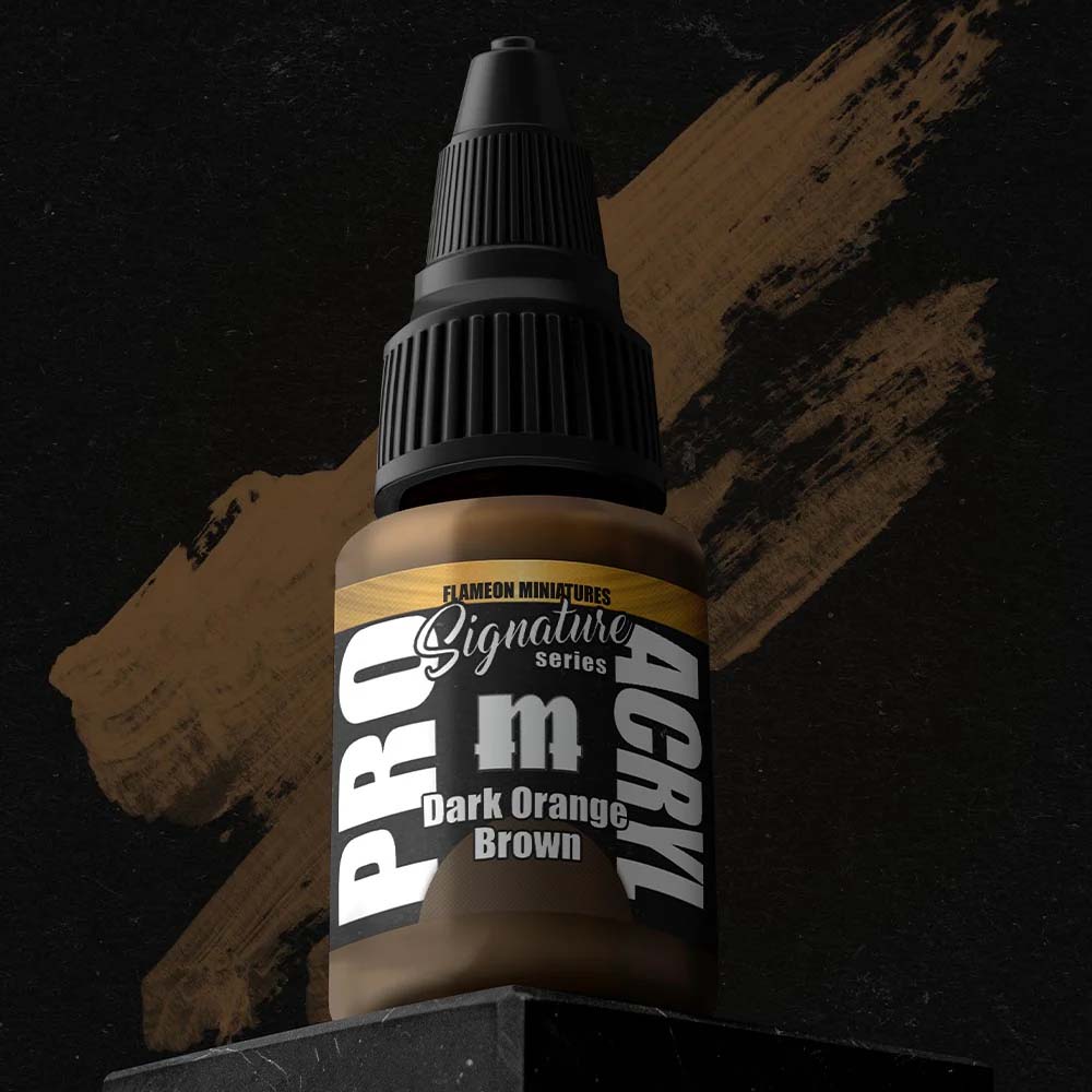 Pro Acryl Flameon Dark Orange Brown paint bottle with dark orange brown acrylic paint swatch on a black background.