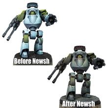 Pro Acryl NEWSH Acrylic Weathering Medium showing before and after effects on a model robot with enhanced weathering details.