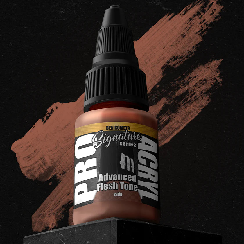 Pro Acryl Ben Komets Advanced Flesh Tone satin paint bottle with rich flesh tone color swatch behind