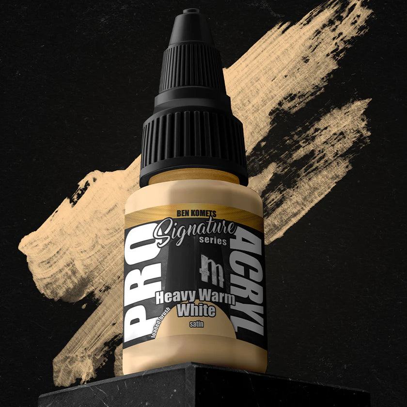 Pro Acryl Ben Komets Heavy Warm White acrylic paint bottle with warm white color swatch on black surface.
