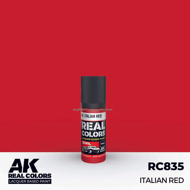 AK Interactive Real Colors Italian Red lacquer paint bottle, durable and low build for detailed modeling projects.