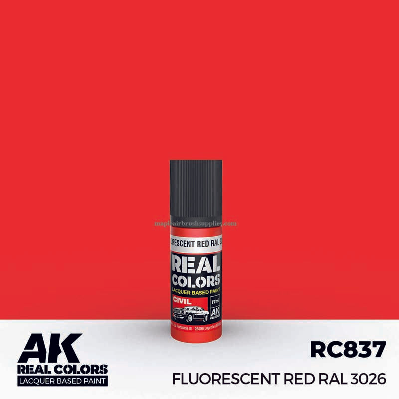 AK Interactive Real Colors Fluorescent Red RAL 3026 lacquer paint bottle on matching red background, durable and weather-resistant.