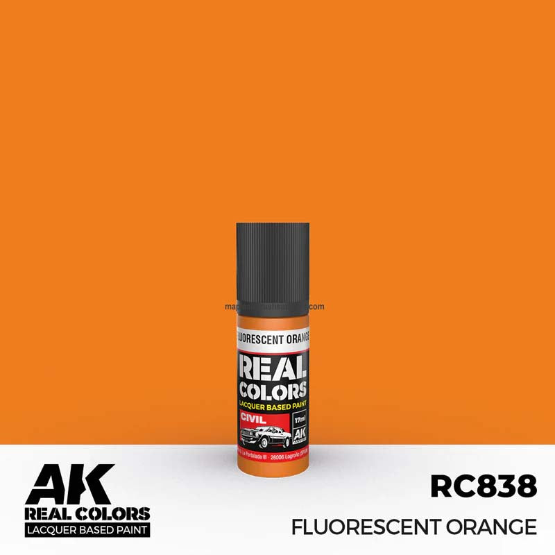 AK Interactive Real Colors Fluorescent Orange lacquer paint 17ml bottle with durable, low build, historically accurate finish.