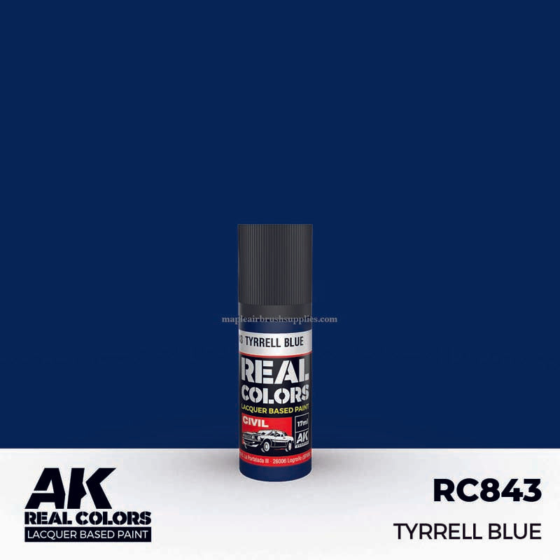 AK Interactive Real Colors Tyrrell Blue lacquer based paint 17ml bottle with deep blue shade for model detailing.