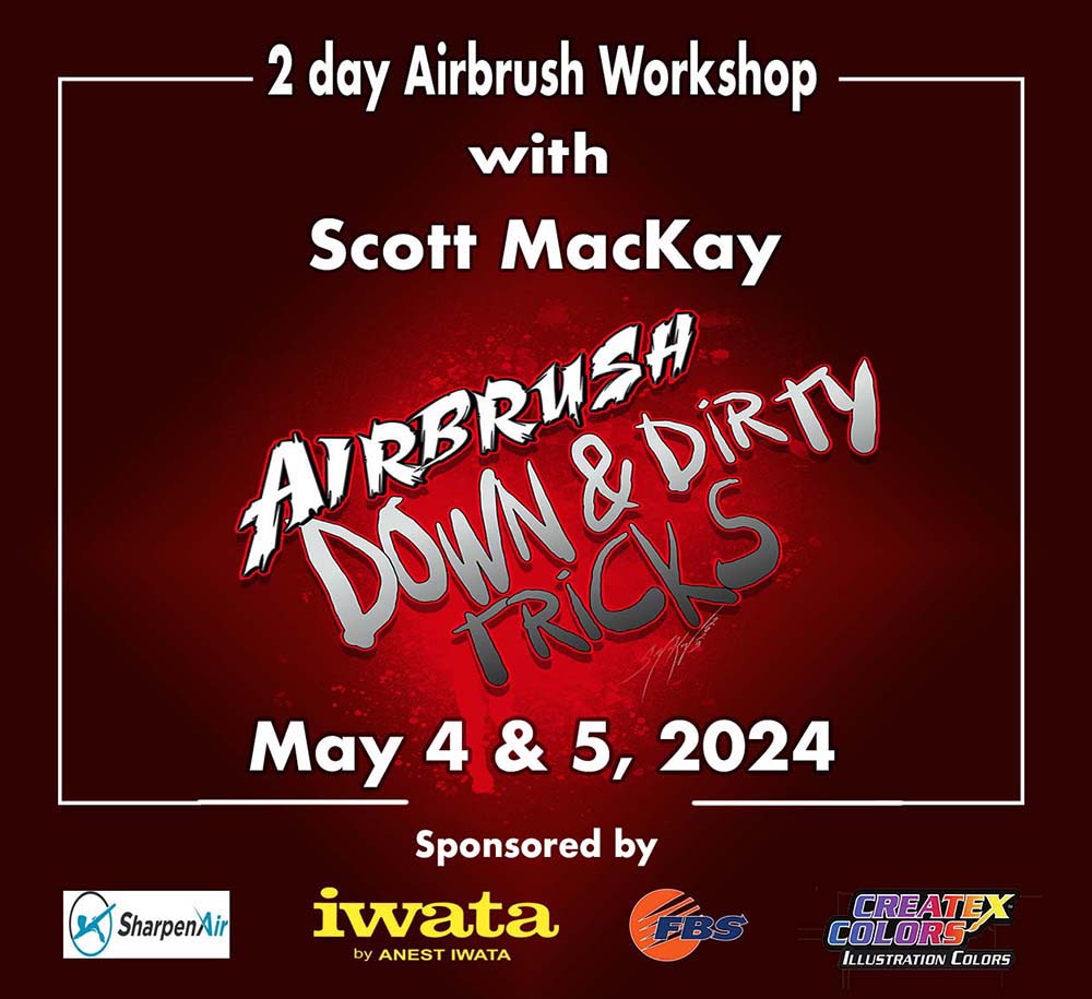 Scott MacKay Workshop promoting 2-day airbrush techniques event May 4-5, 2024 sponsored by leading airbrush brands